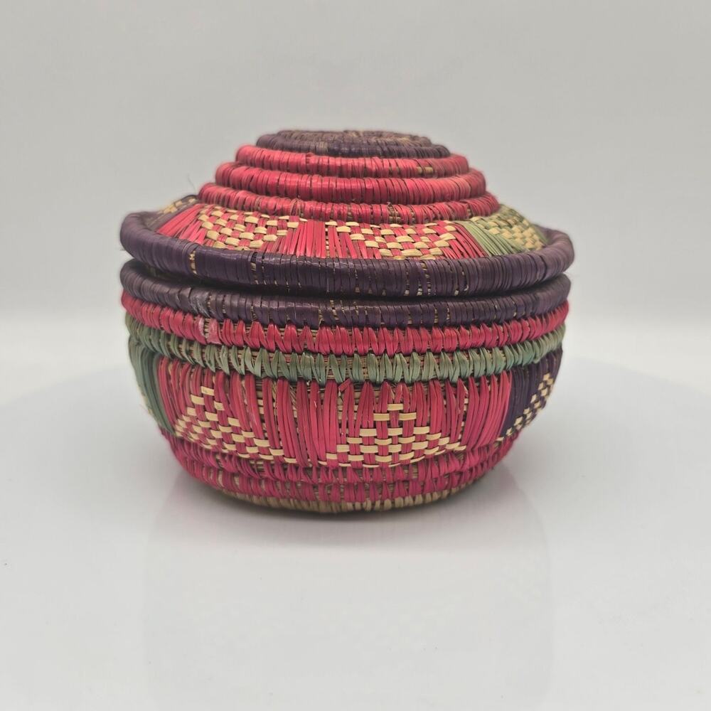 Vintage Hand Woven Sturdy Coiled Round Basket with Lid Multicolor Bohemian Decor